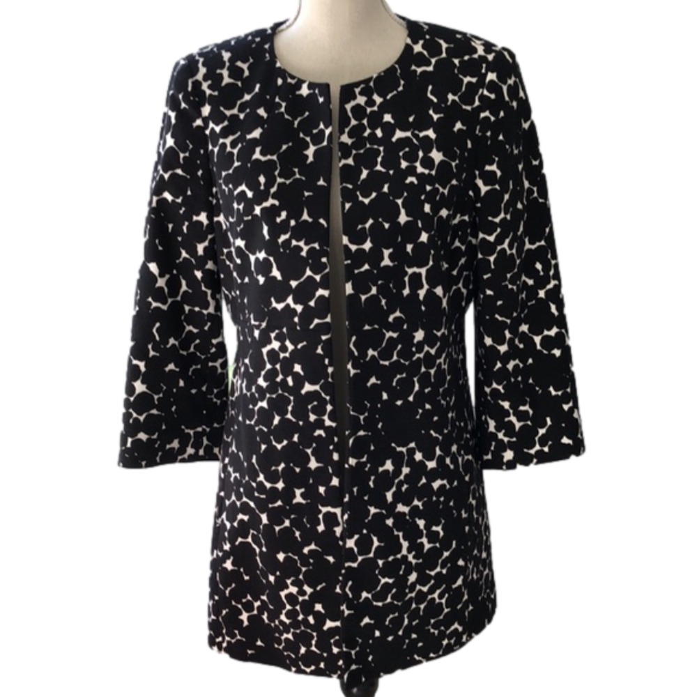 Jones Studio Fully Lined Tunic Length Jacket Black White Print Mid Sleeves Sz 8